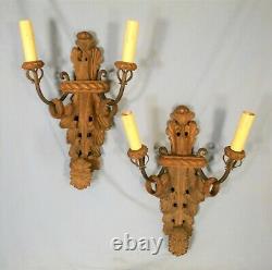 VINTAGE PAIR OF EARLY 20th CENTURY DOUBLE ARM HAND CARVED WOOD SCONCES
