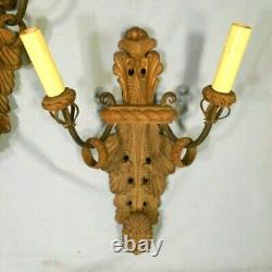 VINTAGE PAIR OF EARLY 20th CENTURY DOUBLE ARM HAND CARVED WOOD SCONCES