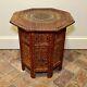 Vtg Octagonal Folding Carved Wood Inlay 18 Side Table Anglo/indian, Plant Stand