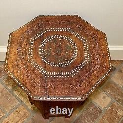 VTG Octagonal Folding Carved Wood Inlay 18 Side Table ANGLO/INDIAN, plant stand