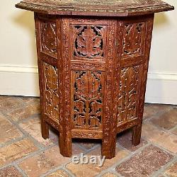 VTG Octagonal Folding Carved Wood Inlay 18 Side Table ANGLO/INDIAN, plant stand