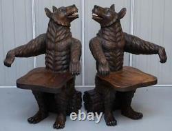 Very Rare Pair of Original Early 20th Century Black Forest Wood Bear Armchairs