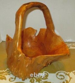 Vintage Burl Wood Hand Carved Basket with Handle 12 H Early 20th Century