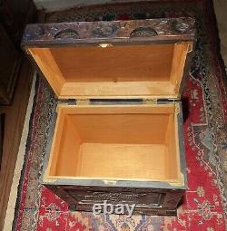 Vintage Chinese Carved Hinged Stained Wood Trunk or Chest 20th Century