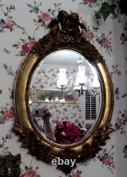 Vintage Oval Gold Gilt Gesso Beveled Mirror With Cupids 26x16