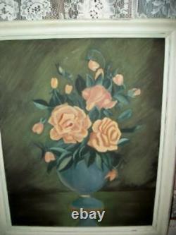Vintage Roses Oil Painting Sunday Art Creamy Chippy Wood Frame Early MID Century