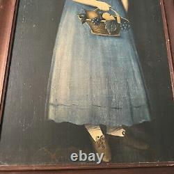 Vtg Antique Litho Wood Folk Painting Portrait of Girl Youth Basket Henry Ford