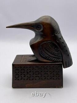 Vtg Early 20th Century Kingfish Russia Carved Wood Stamped Bird Trinket Box
