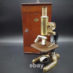 Ancien microscope en laiton unique avec boîte en bois de mahogany d'origine du début du 20ème siècle