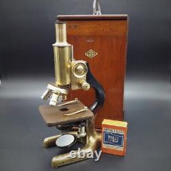 Ancien microscope en laiton unique avec boîte en bois de mahogany d'origine du début du 20ème siècle