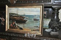 Artiste bien répertorié Jules Valenti (début du XXe siècle) Peinture de bateau en bord de mer