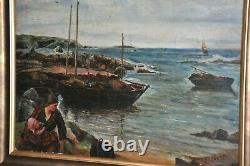 Artiste bien répertorié Jules Valenti (début du XXe siècle) Peinture de bateau en bord de mer
