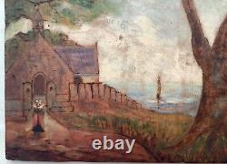 Chapelle bretonne animée par la mer des années 1920, NABI français, Huile sur bois