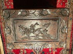 Coffre ou coffre en bois teint charnière sculpté chinois vintage du 20ème siècle
