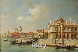 H. Hansen Huile sur panneau encadrée de bois doré du Molo, Venise