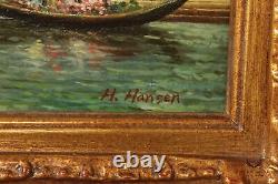 H. Hansen Huile sur panneau encadrée de bois doré du Molo, Venise