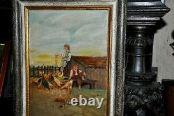 Jolie peinture antique d'une scène de genre de ferme américaine du début du XXe siècle