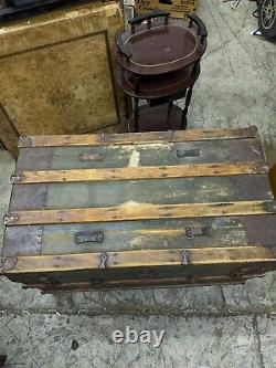 Malle à vapeur antique du début du siècle 1900 fabriquée en bois et cuir - A51