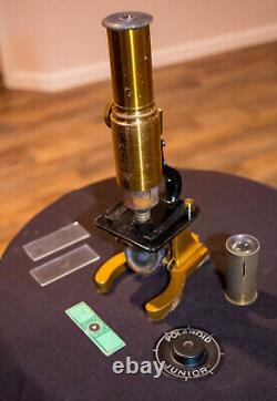 Microscope en laiton antique avec boîte en bois de mahogany d'origine du début du XXe siècle