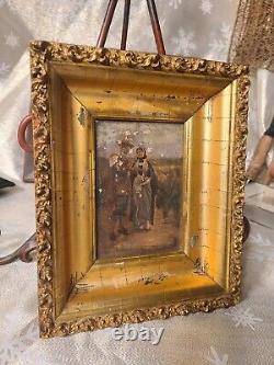Miniature précoce du 18e/19e siècle, huile sur bois, couple puritain se promenant
