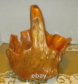 Panier en bois de burl vintage sculpté à la main avec poignée 12 H Début du 20e siècle
