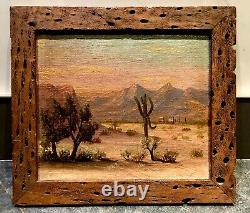 Peinture à l'huile antique californienne du coucher de soleil dans le désert de Mojave avec un cadre de cactus saguaro