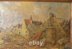 Peinture à l'huile antique sur toile - Ville bombardée pendant la guerre mondiale - Cadre en bois rare et ancien du XXe siècle