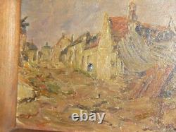 Peinture à l'huile antique sur toile - Ville bombardée pendant la guerre mondiale - Cadre en bois rare et ancien du XXe siècle