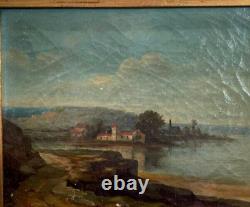 Peinture ancienne à l'huile sur toile Paysage de village au bord du lac Cadre en bois rare du 19ème siècle