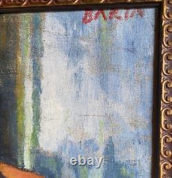 Peinture ancienne à l'huile sur toile Portrait de László Barta avec cadre rare de fez oriental du 20ème siècle