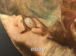 Peinture ancienne à la gouache d'une dame/3 pieds/Cadre ovale en bois doré/Début du 19ème siècle