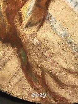 Peinture ancienne à la gouache d'une dame/3 pieds/Cadre ovale en bois doré/Début du 19ème siècle