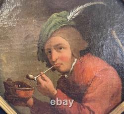 Peinture antique à l'huile sur toile Fumeur de pipe Cadre en bois Homme Hexagonal Rare Ancien 18e siècle