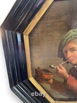Peinture antique à l'huile sur toile Fumeur de pipe Cadre en bois Homme Hexagonal Rare Ancien 18e siècle