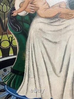 Peinture antique de la Vierge et de Jésus à l'huile sur carton encadrée de bois, icône rare et ancienne du 20e siècle.