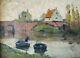 Peinture De Paysage De Village Fluvial Impressionniste Européen Signée Vers 1900