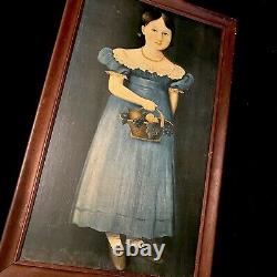 Peinture populaire sur bois lithographique ancienne de Henry Ford avec un portrait de jeune fille et un panier