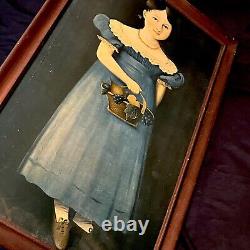 Peinture populaire sur bois lithographique ancienne de Henry Ford avec un portrait de jeune fille et un panier