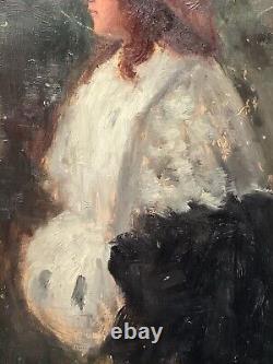 RENOIR Portrait de Jeune Fille Dame en Chapeau Blanc Peinture à l'Huile de l'Impressionnisme Français